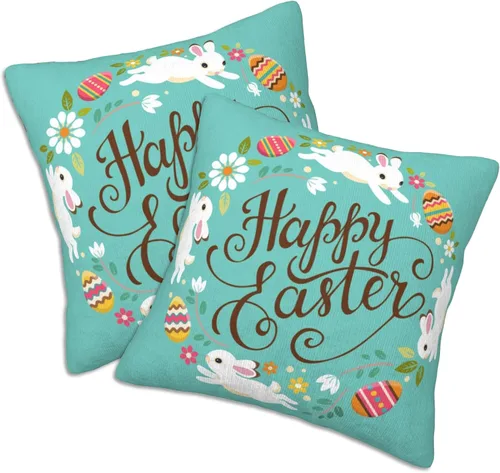 Vista 2 de Juego de 2 fundas de almohada decorativas de 18 x 18 pulgadas, diseño de huevos de Pascua, para sala de estar, dormitorio, sofá