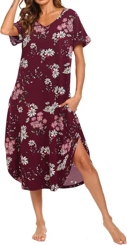 Vista 25 de AVIIER - Camisones de algodón para mujer, ropa de dormir suave con bolsillos, tallas S a XXL Negro Floewer 4