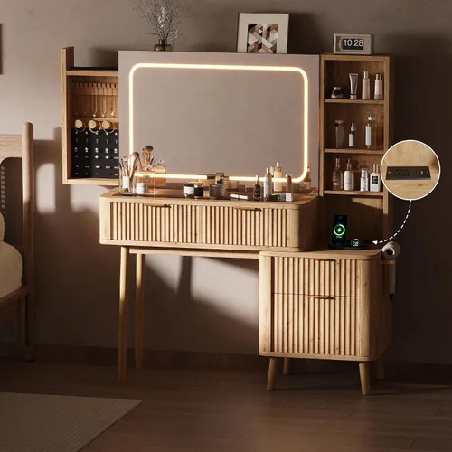 Vista 4 de Tocador de madera de 48 pulgadas con tapa de vidrio transparente, espejo Madera natural