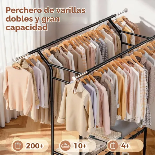 Vista 3 de Luxspire - Percheros de doble barra para colgar ropa, carga de 650 libras, color negro Zinc-iron alloy frame, 2-tier sturdy shelves, lockable