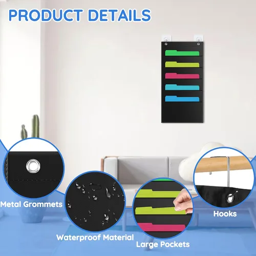 Vista 3 de ZKOO Organizador de archivos de pared colgante de 5 bolsillos para papel tamaño A4/documentos legales/tamaño carta, organizador de correo de pared