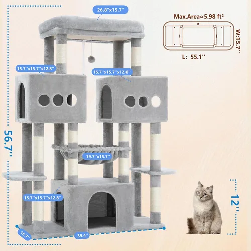 Vista 2 de Hey-brother Torre de árbol para gatos, postes rascadores de sisal grande con plataforma grande, 3 amplios condominios, hamaca de felpa, juguete