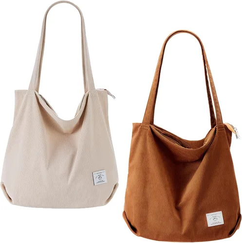 Vista 25 de KALIDI Bolsa Tote de Pana para Mujer con Cremallera Bolsa de Mano Casual Tote Bolsa de Hombro de Gran Capacidad con Bolsillos 1 negro y 1 blanco.