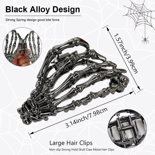 Vista 2 de AIUPUOC Pinza de pelo negro con diseño de calavera de esqueleto para peinar el cabello de mujer, pinzas de metal medianas, accesorios