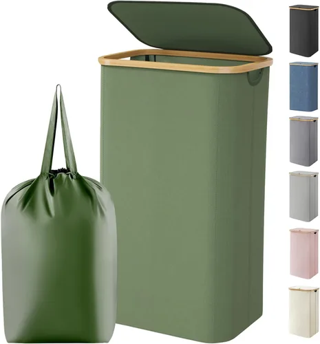 Vista 24 de Lifewit Cesta de lavandería de 80 litros con tapa, cestas de ropa para lavandería con asas de bambú y una bolsa de lavandería extraíble, cesta