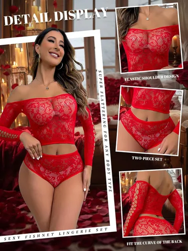 Vista 2 de Buitifo Conjunto de lencería para mujer, body de red de dos piezas