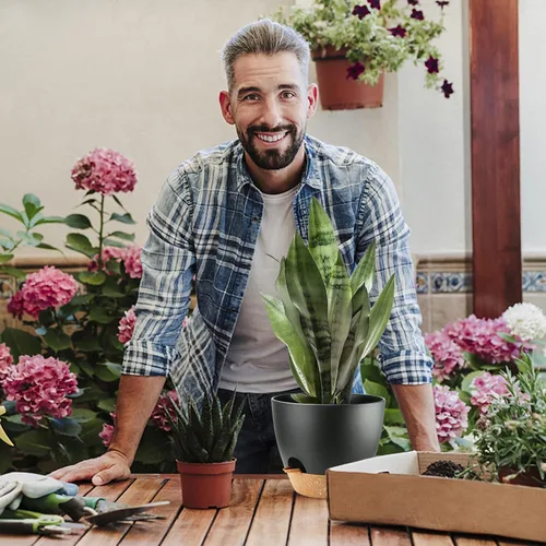 Vista 7 de Macetas de riego automático con orificio de drenaje, macetas para plantas de flores para interiores y exteriores, macetas de plástico negro