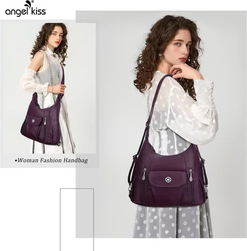 Vista 7 de Angel Kiss Purses and Handbags for Women Washed Vegan Leather Crossbody Hobo Satchel Shoulder Mutipocket Tote Purse