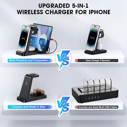 Vista 2 de Cargador inalámbrico para iPhone - Estación de carga 5 en 1 para múltiples dispositivos Apple: Soporte de carga rápida inalámbrica para iPhone 17