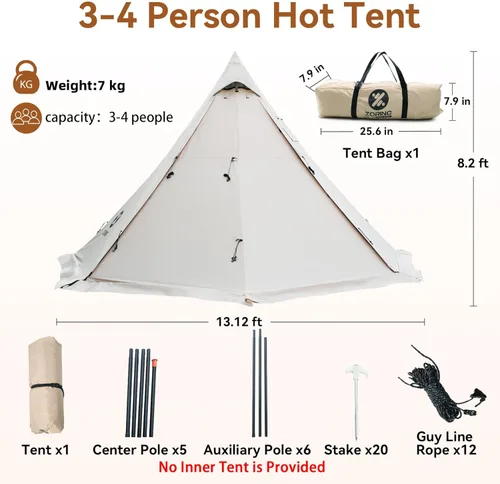 Vista 4 de Hot Tent with Stove Jack, 4 Season 3-4 Person Tipi Tent for Camping, 8.2ft Standing Room with Snow Skirt, Cold Weather Shelter for Family Fishing