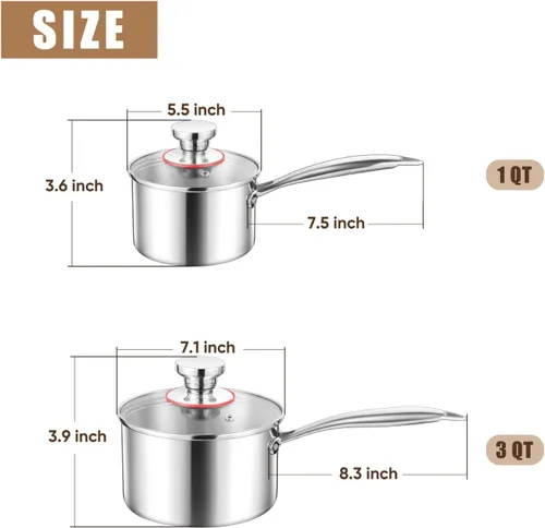 Vista 2 de E-far Triply - Juego de cacerolas de acero inoxidable, olla de 1 cuarto y 3 cuartos de galón con tapa para cocinar pasta, calentar leche, agua