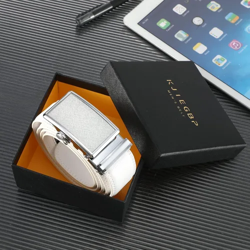 Vista 6 de Cinturón de hombre,Cinturón de vestir de trinquete de cuero real para hombre con hebilla automática,Elegante caja de regalo