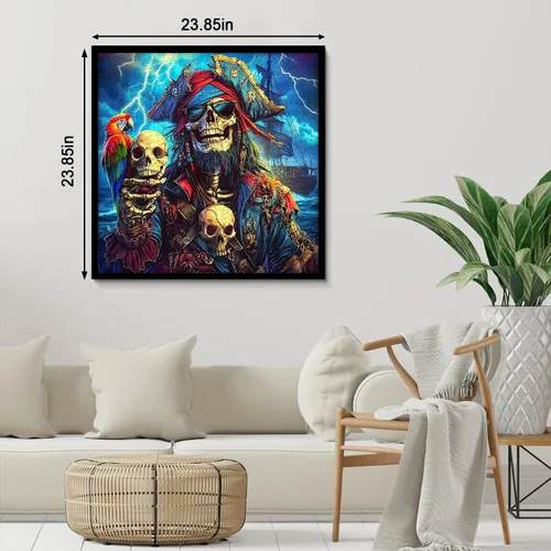 Vista 3 de Rompecabezas de esqueleto pirata para adultos, 1000 piezas, capitán pirata de terror con cráneo loro, escena de tormenta oceánica, rompecabezas
