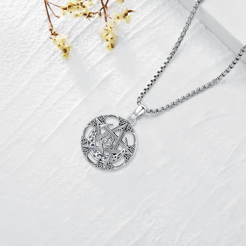 Vista 62 de Collar de pentagrama de plata de ley con triple luna, diosa celta, nudo celta, nudo de brujas, Ankh, sol y luna, Hécate, lilith, Santa Muerte
