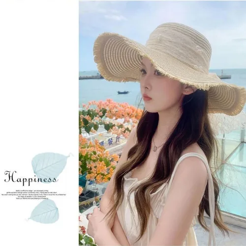Vista 5 de Women hat Floppy Wide Brim Summer Beach Straw UPF Sun Fisherman's Cold Beige 1