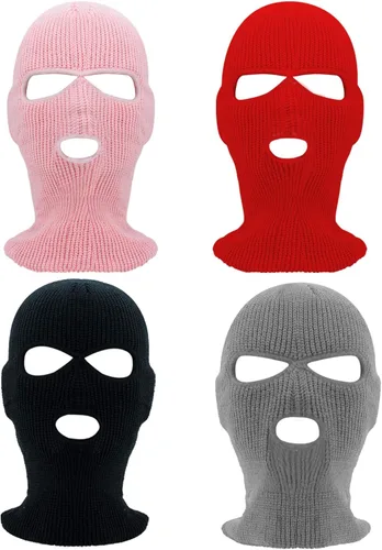 Vista 2 de Camlinbo 4 Pack 3 Hole Full Face Cover Ski Mask Double Thermal Knitted Ski Face Mask for Winter Outdoor Sports Men Women