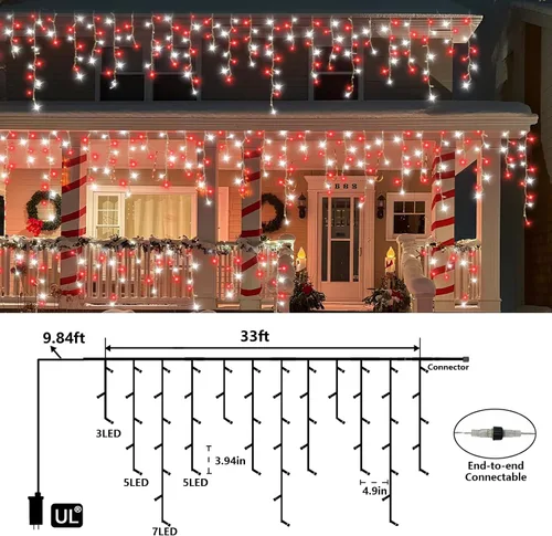 Vista 3 de QITONG - Tira de luces de carámbanos rojas y blancas para exteriores, 33 pies con 400 LED, 8 modos, alambre transparente, luces de Navidad