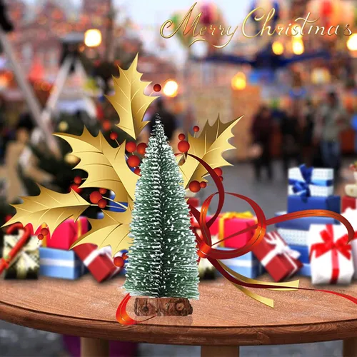 Vista 2 de 12 piezas de mini árboles artificiales de nieve de sisal de Navidad de pino en miniatura con base de madera, botella, cepillo, árboles de Navidad