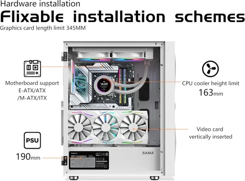 Vista 5 de SAMA 3509 Carcasa de PC de torre media ATX blanca - Parte frontal de malla de acero, panel lateral de vidrio templado con bisagras, 4 ventiladores