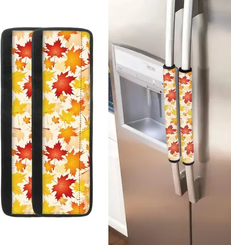 Vista 2 de 2 fundas para manijas de refrigerador, decoración otoñal, hojas de arce, fundas para manijas de puerta de nevera, lavables a máquina, microondas