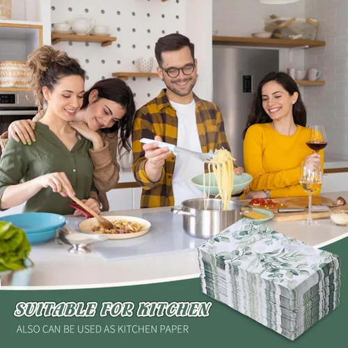 Vista 6 de 100 servilletas desechables para invitados, toallas de mano desechables de papel con hojas verdes, servilletas de mano decorativas de papel