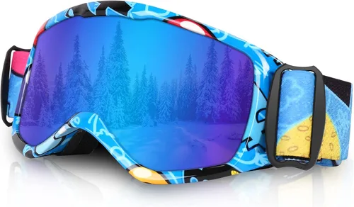 Vista 9 de Gafas de esquí para niños, gafas de snowboard para niños y niñas, jóvenes, OTG gafas de esquí antivaho con correa antideslizante