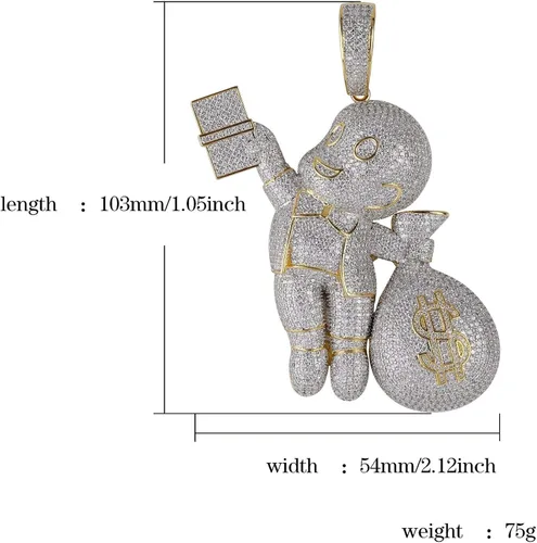 Vista 2 de KMASAL Jewelry V Sign Money Bag Pendant Hip Hop Simulated Diamond Iced Out Rhinestone Crystal Necklace, 10mm 18" Cuban Link Chain Necklace for Men