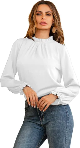 Vista 3 de LYANER Blusa de manga larga con volantes y cuello alto para mujer