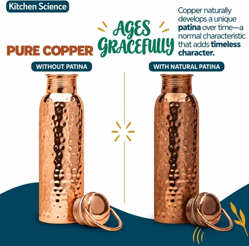 Vista 8 de Kitchen Science Botella de agua de cobre ayurvédica auténtica con asa (34 oz/1000 ml) Testada en laboratorio, a prueba de fugas Incluye fundas