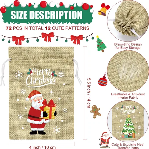 Vista 2 de FLOE 72 piezas Bolsas de regalo de Navidad de arpillera con cordón, bolsas de lino de Navidad con cordón para golosinas, bolsas de regalo de Navidad