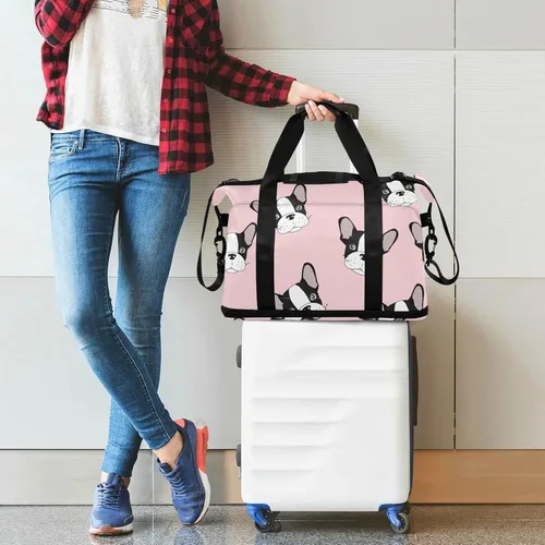 Vista 3 de Bolsa de viaje deportiva de bulldog francés para mujeres y hombres, bolsa de gimnasio con compartimento para zapatos, bolsillo húmedo, bolsas