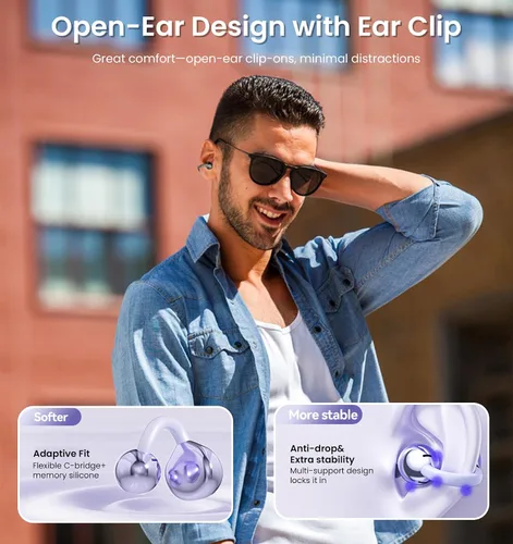 Vista 3 de Auriculares con clip, auriculares de oreja abierta inalámbricos Bluetooth 5.4, auriculares ligeros de oreja abierta con micrófono batería 59H