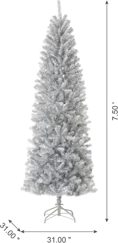 Vista 6 de Glitzhome Árbol de Navidad artificial de oropel plateado de 7.5 pies, 7.5 pies, plateado