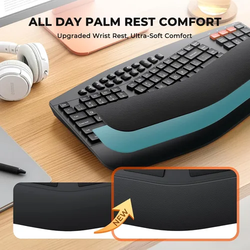 Vista 2 de MEETION Teclado y mouse ergonómicos, teclado Bluetooth multidispositivo y mouse inalámbricos, mouse ajustable de 4 DPI, teclado dividido