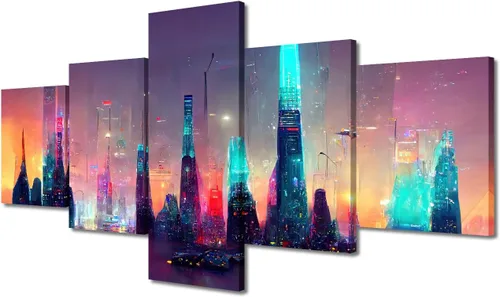 Vista 173 de Cuadros de 5 paneles de Cyberpunk City, arte de pared, representación de vallas publicitarias, edificios modernos en la capital con obras de arte