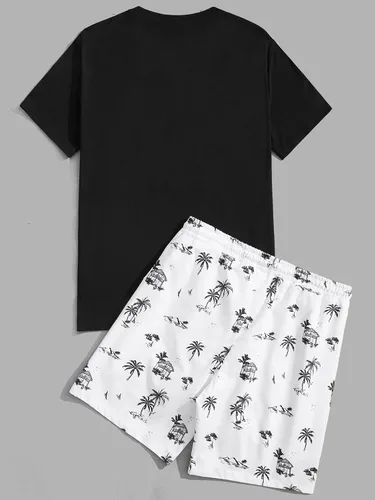 Vista 2 de GORGLITTER Conjunto de 2 piezas de camiseta gráfica de manga corta para hombre, estampado hawaiano con cordón y pantalones cortos