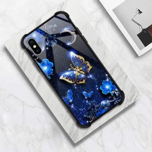 Vista 5 de Funda compatible con iPhone XS, funda para niñas y mujeres, cielo azul, flor, luna y mariposa