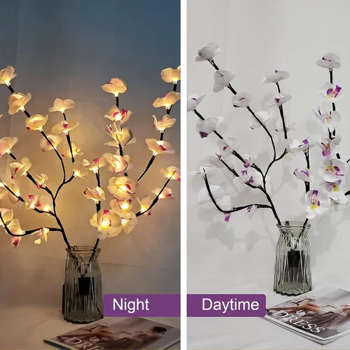 Vista 2 de Paquete de 2 luces LED de árbol de orquídea de mariposa, funciona con pilas, lámpara decorativa de árbol iluminada, ramas iluminadas, luces LED