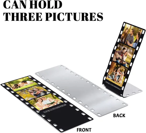 Vista 2 de Marco de fotos con tira de película personalizada, nombres y texto, rollo de cámara personalizado retro de aluminio, regalo de imagen con logotipo