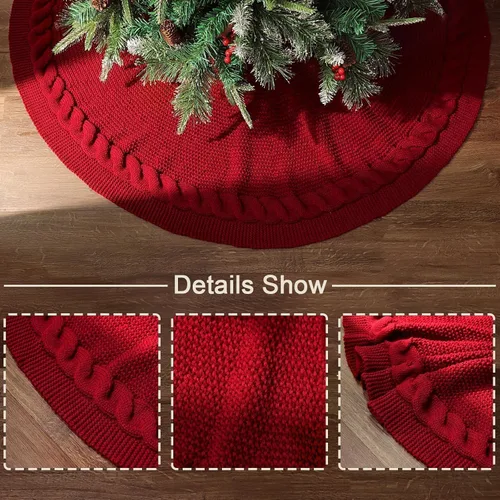 Vista 2 de Falda de árbol de Navidad de 48 pulgadas: falda de árbol de punto de cable para árbol de 7.5 pies, falda de árbol rojo vino, faldas de árbol