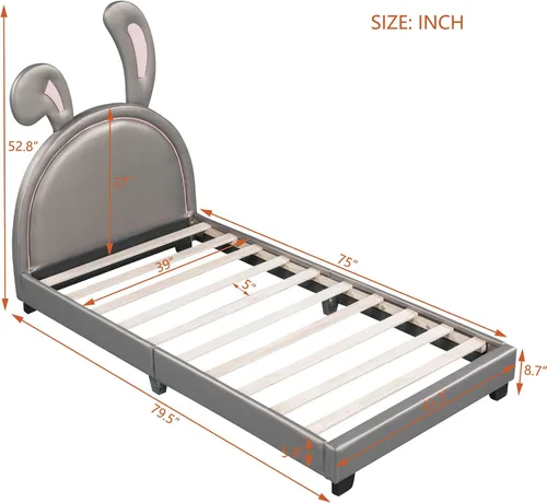 Vista 2 de Cama de plataforma, base de cama tapizada de cuero con cabecera de adorno de conejo, ideal para el dormitorio o apartamento de un niño