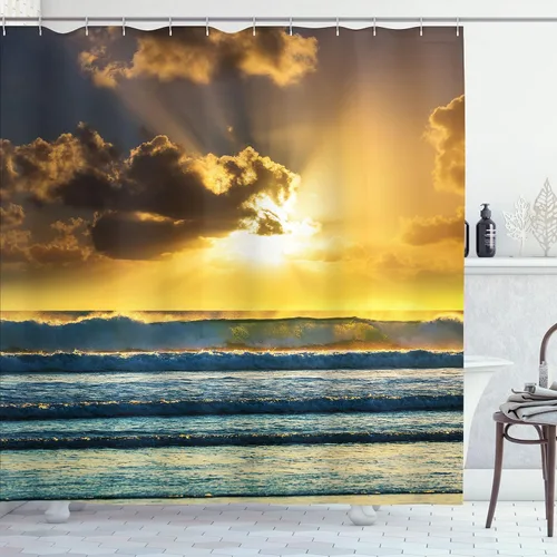 Vista 49 de Ambesonne Cortina de ducha de gaviotas, cielo nublado y gaviota voladora, imagen de meteorología de paisaje nublado, juego de decoración de baño