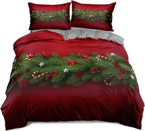 Vista 8 de Juego de funda de edredón de Navidad 3D, fundas de edredón y fundas de almohada con patrón de lazo rojo, juegos de ropa de cama de color pulido
