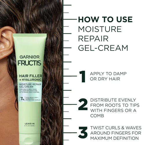 Vista 7 de Garnier Fructis Hair Filler Gel-Crema Reparadora de Humedad, Gel para el Cabello para Rizos y Ondas con Ácido Hialurónico, 5.1 Fl Oz, 1 Unidad