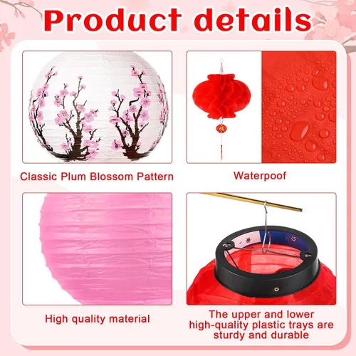Vista 3 de Tuanse 40 linternas de papel japonesas chinas decorativas LED con flor de cerezo rojo chino para interiores y exteriores (rojo, rosa)
