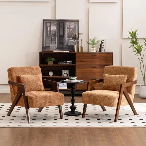Vista 16 de Silla con acento moderno de mediados de siglo con marco de madera maciza, sillas tapizadas de chenilla para sala de estar con cojín para dormitorio
