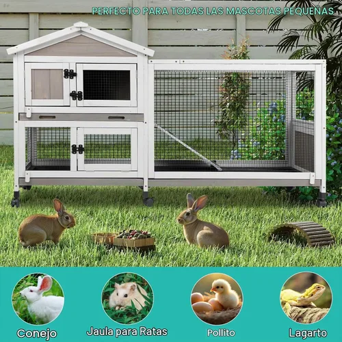 Vista 7 de Ketive - Conejera de 2 niveles con ruedas, jaula para animales pequeños para interiores y exteriores