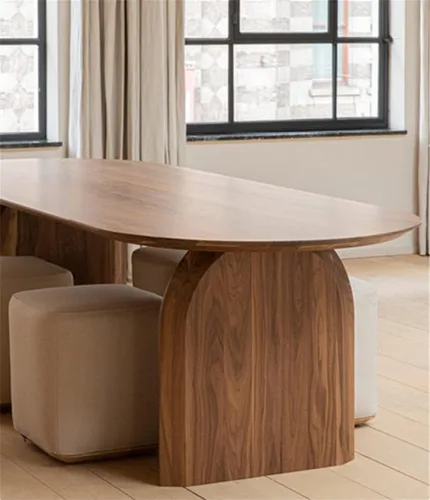 Vista 7 de Moderna mesa ovalada sólida con doble pedestal, madera natural, muebles de estilo Wabi-sabi para comedor, cocina, ocio, mesa de centro, color Marrón