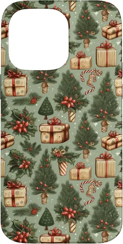 Vista 21 de Vintage Christmas Theme Holiday Trees, Presents, Teal, Bows Case for iPhone 17