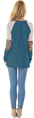 Vista 3 de HARHAY - Camiseta de manga larga con estampado de leopardo para mujer, con cuello redondo y diseño de rayas